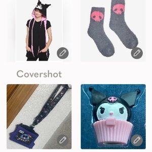 Kuromi Hat/Scarf+NIP 2 pair fuzzy☠️🧦+lip💋🍒balm+🛸Kuromi ID Lanyard